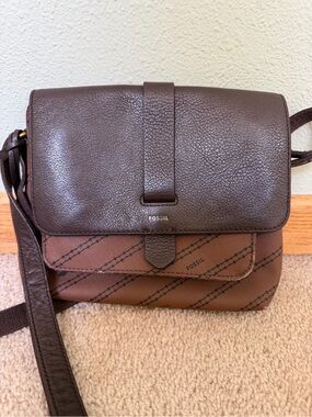Fossil Brown Leather & Monogram Crossbody Bag